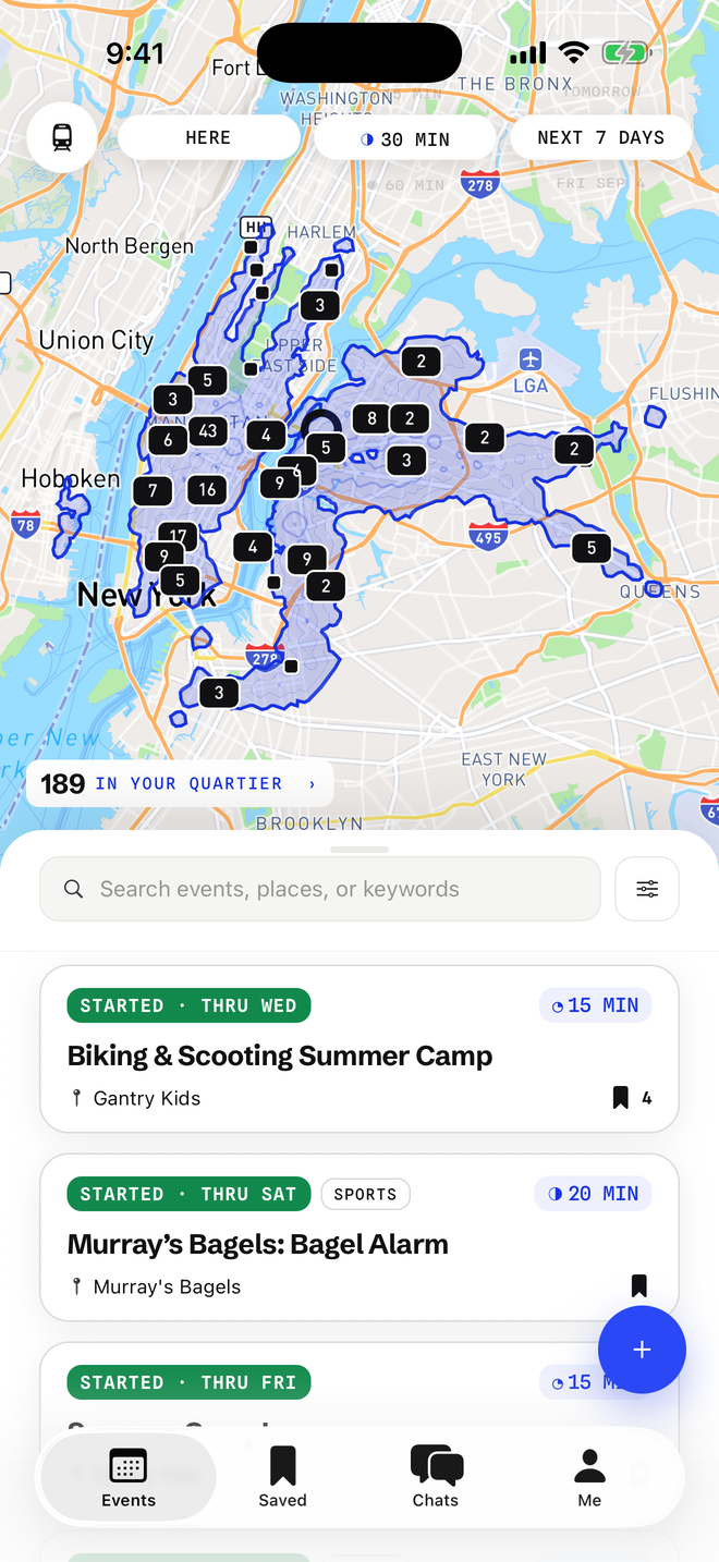 Quartier on an iPhone: a blue reach shape over Long Island City, thirty minutes by transit, with the events inside it
